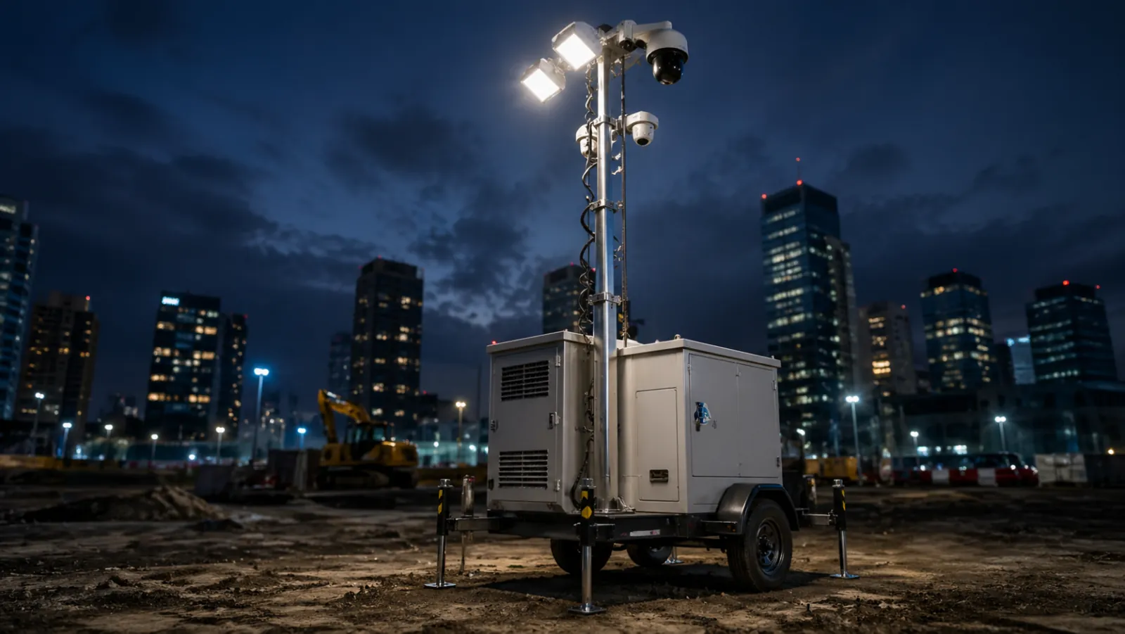 Mobile surveillance tower deployed at night